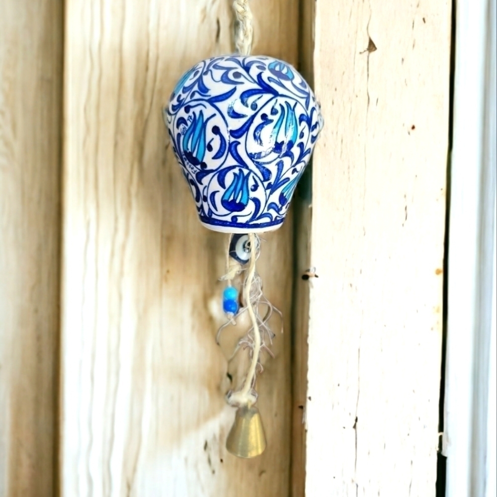Fettah Gini Signed Vintage Turkish Hand Painted Ceramic Blue & White Wind Chime